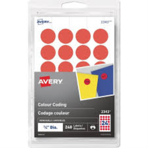 2343 Avery® Removable Colour Coding Labels for Laser and Inkjet Printers, ¾" Red / Removable
