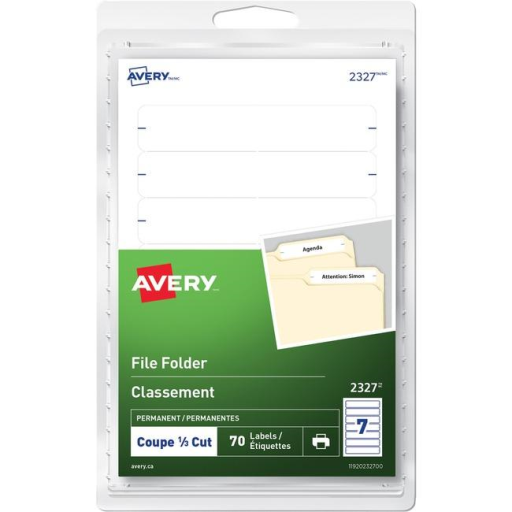 2327 Avery® File Folder Labels for Laser and Inkjet Printers, 3½" x ? White / Permanent