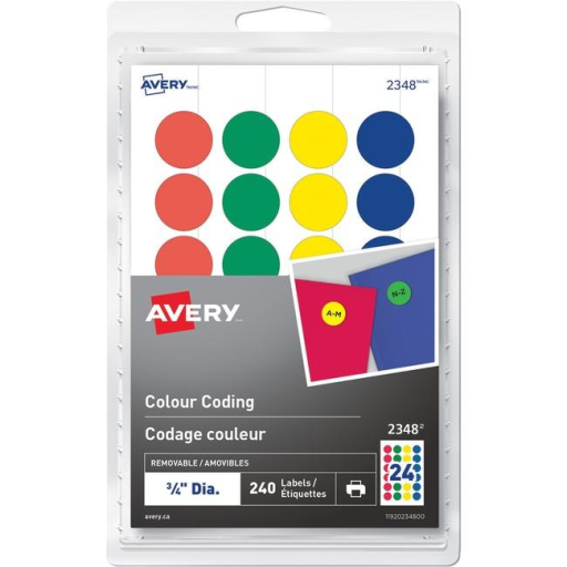 2348 Avery® Removable Colour Coding Labels for Laser and Inkjet Printers, ¾" Assorted Colours / Removable