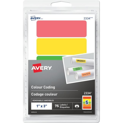 2334 Avery® Removable Rectangular Colour Coding Labels for Laser or Inkjet Printers, 1" x 3" Assorted Colours / Removable