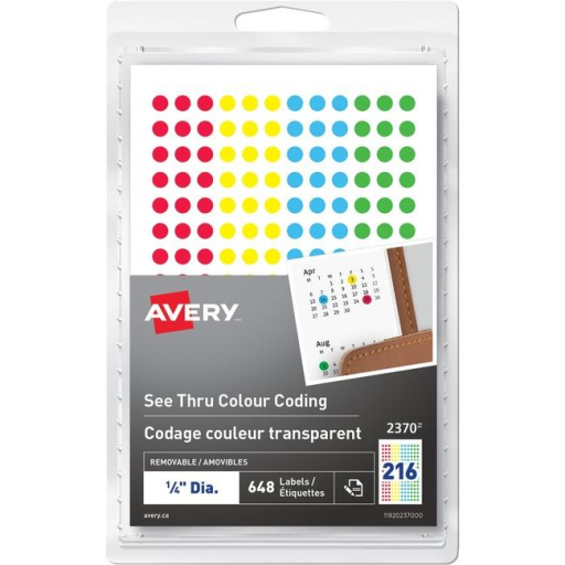 2370 Avery® See Thru Removable Colour Coding Labels Handwrite, ¼" Assorted Colours / Removable