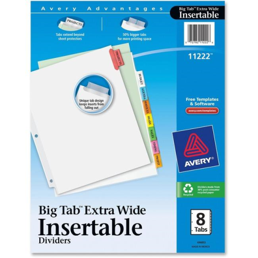 11222 BIG TAB INSERTABLE DIVIDERS, 8 TAB, 1 SET, EXTRA WIDE