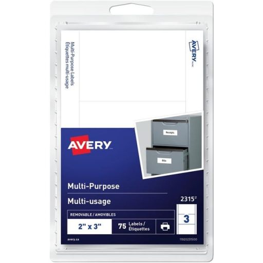 2315 Avery® Multi-Purpose Removable Labels for Laser and Inkjet Printers, 2" x 3" Removable Matte White Paper / White / Removable
