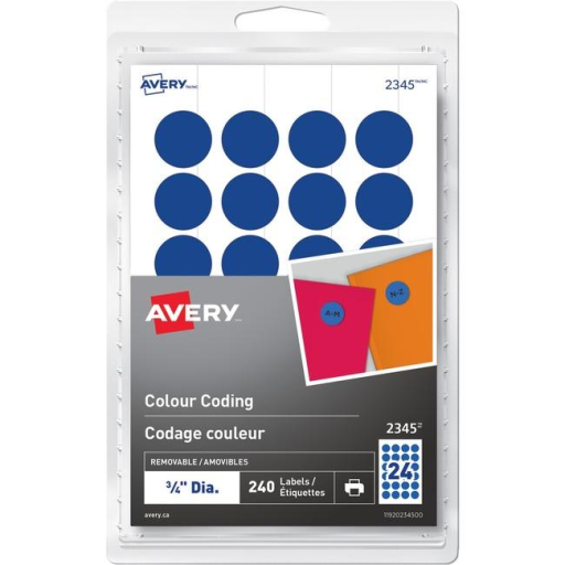 2345 Avery® Removable Colour Coding Labels for Laser and Inkjet Printers, ¾" Blue / Removable