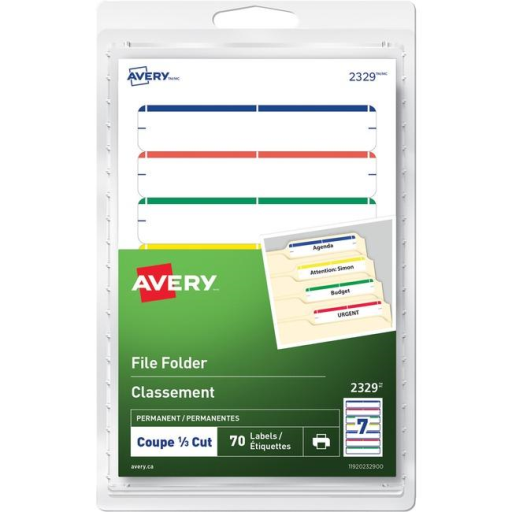 2329 Avery® File Folder Labels for Laser and Inkjet Printers, 3½" x ?" Assorted Colours / Permanent