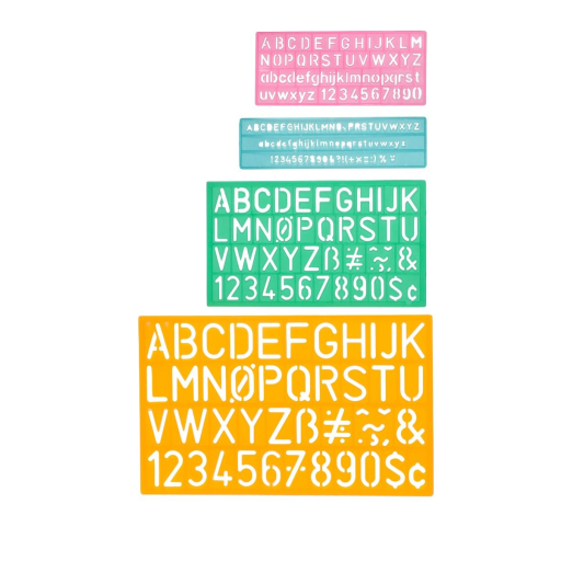 4 Piece Lettering Guide, Uppercase, Letters and Numbers Ensembles de 4 pochoirs, majuscules, lettres, et nombres