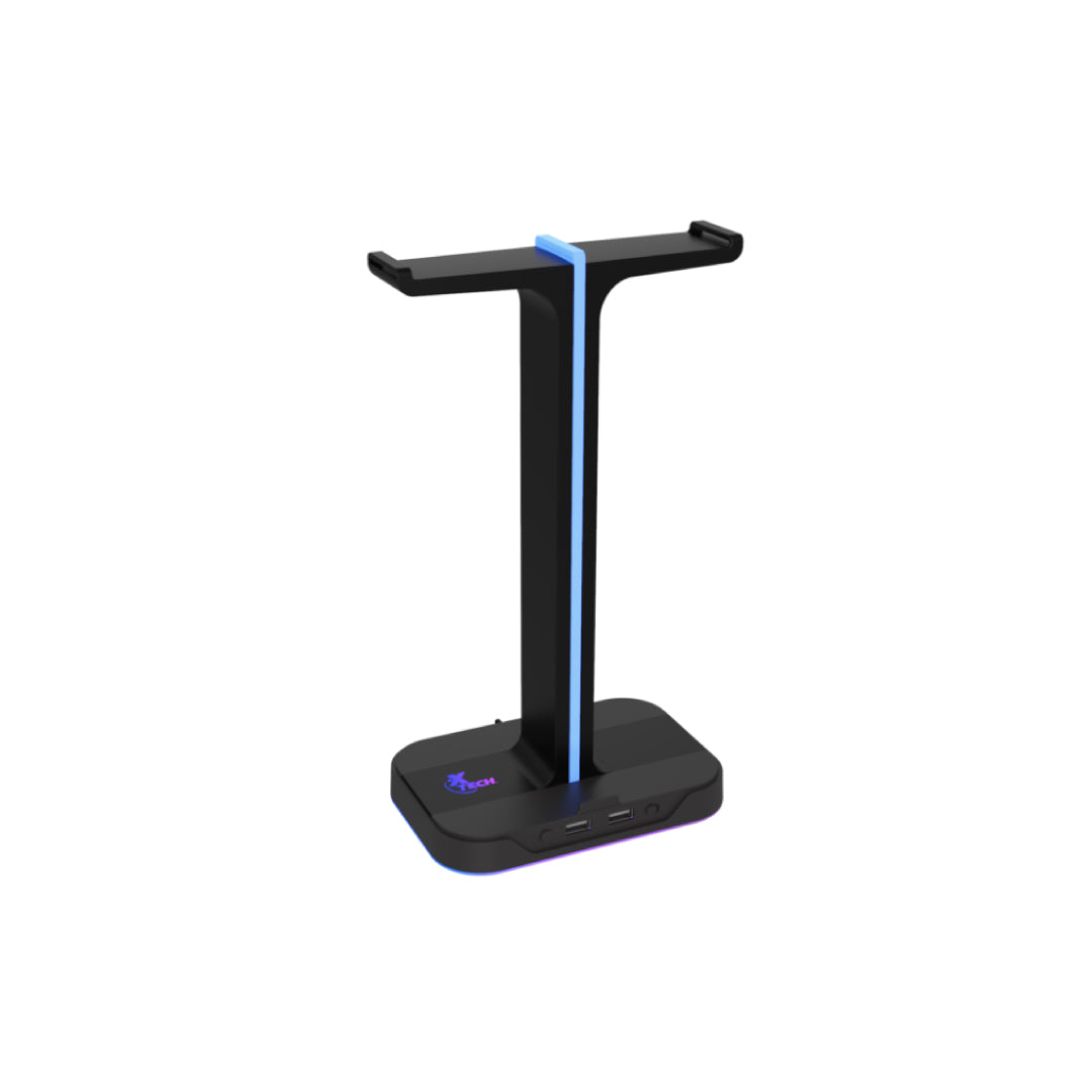 Xtech Headset Stand Dual with 2 USB-A Ports RGB Lighting Cable Organizer with Cell Phone Stand - Black