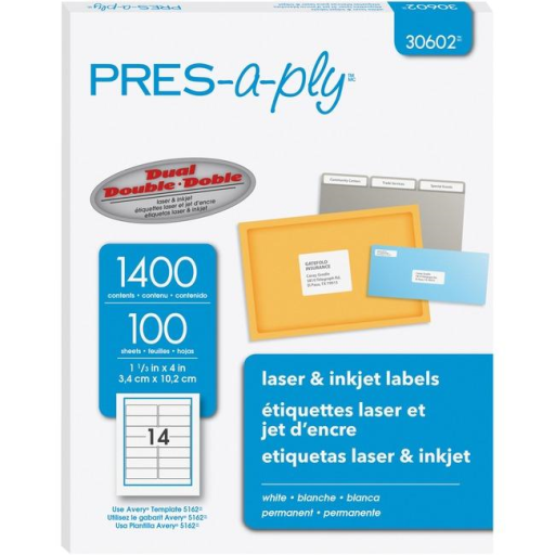 30602 PRESAPLY LABEL, LASER, 1 1/3" X 4" WHITE, 1400 LABEL