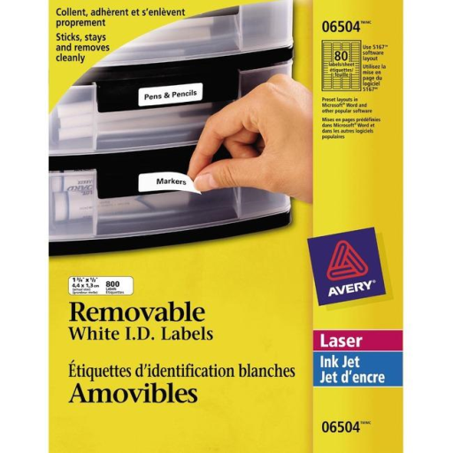 6504 I.D. LABELS, 1 3/4" X  1/2", REMOVABLE, 10 SHEETS/ENV.,
