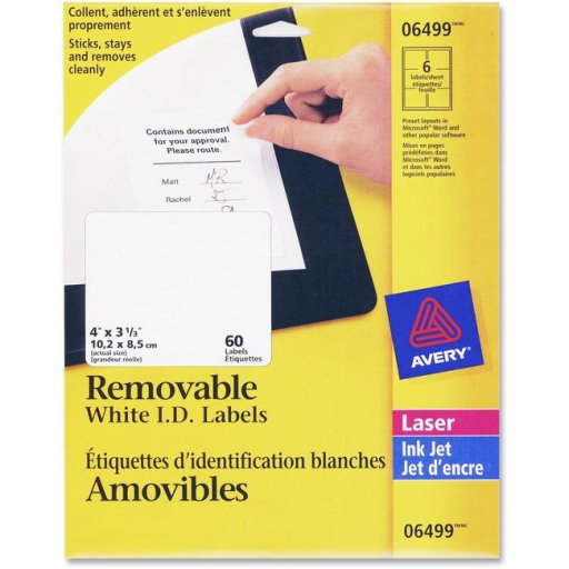 6499 I.D. LABELS, 4" X 3 1/3", REMOVABLE, 10 SHEETS/ENV., 60