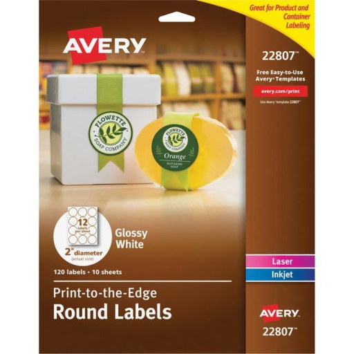 22807 GLOSSY WHITE ROUND LABELS 2" DIAMETER, 10 SHTS/ENV., 1